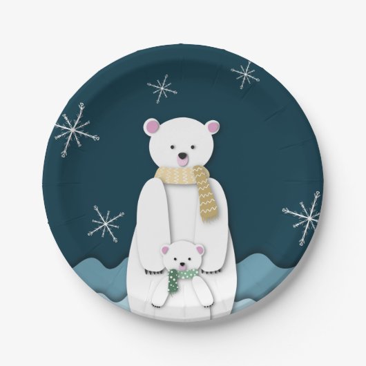 Mama mit Blue-White-Polar-Bär mit Baby-Party Pappteller (Vorderseite)