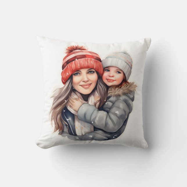 Mama mit Tochterwintermode Kissen (Vorderseite)