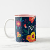 Mama Moderne Blüten in Blau und Korallen Zweifarbige Tasse (Links)