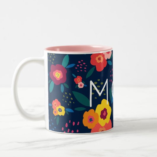 Mama Moderne Blüten in Blau und Korallen Zweifarbige Tasse (Links)