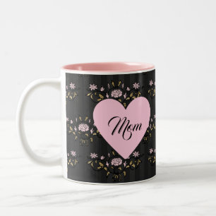 Mama Mütter Tag Herz auf Vintage Schwarze Flora Zweifarbige Tasse