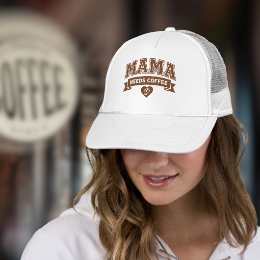 MAMA Needs Coffee Brown White Heart Coffee Bean Truckerkappe