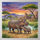 Mama Nilpferd und Kalb Kinderzimmer Poster (Vorne)