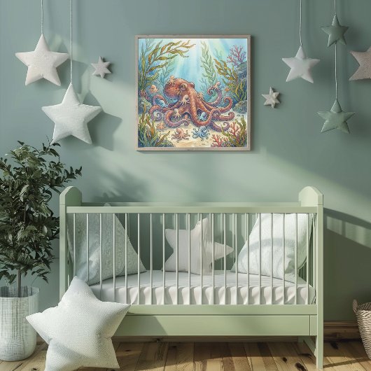 Mama Octopus and Babies Nursery Poster
