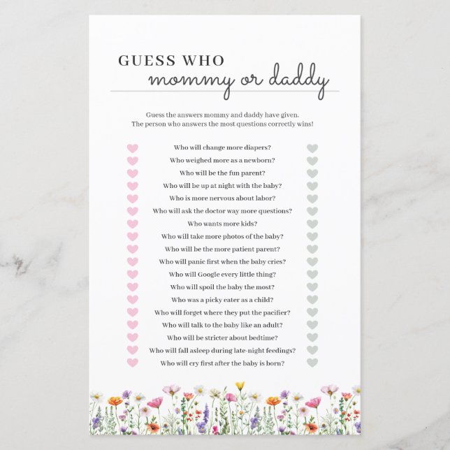 Mama oder Papa Baby Shower Spiel Papierblatt (Vorderseite)