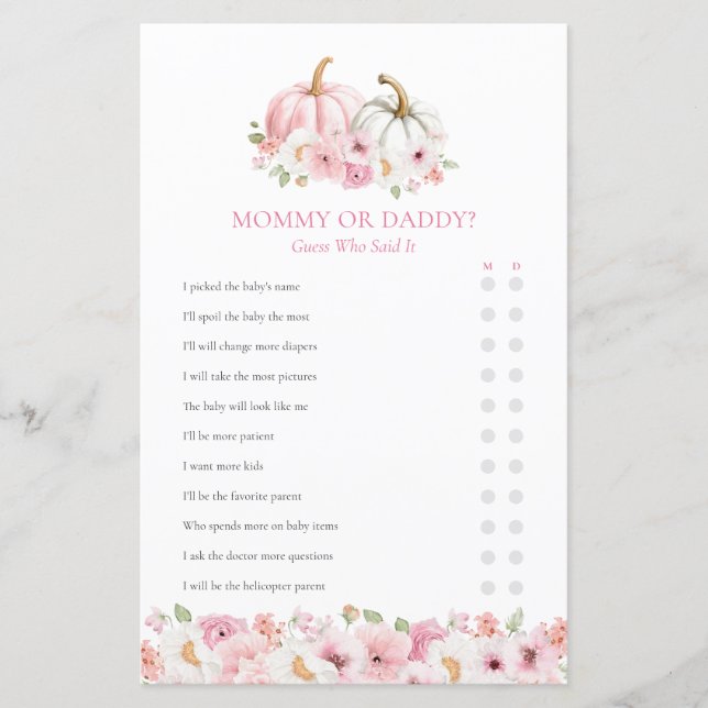 Mama oder Papa Fall Girl Baby Shower Spiel (Vorderseite)