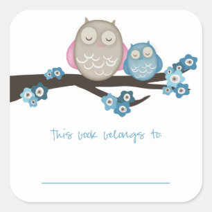 Mama Owl & Baby {Blue}   BUCHZEICHEN Quadratischer Aufkleber
