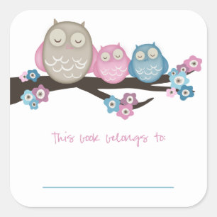 Mama Owl & Twins {Pink & Blue}   BUCHZEICHEN Quadratischer Aufkleber