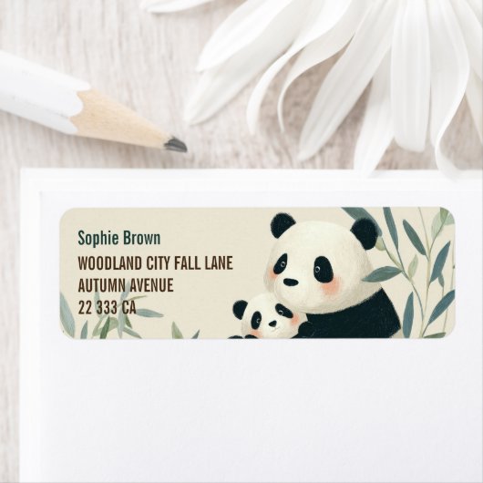 Mama Panda& Cub Cute Animals Return Address  (Insitu)