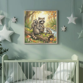 Mama Raccoon and Her Babies Nursery Poster