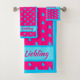 Mama`s Liebling Rosa mit blauen Herzen Badhandtuch Set