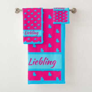 Mama`s Liebling Rosa mit blauen Herzen Badhandtuch Set