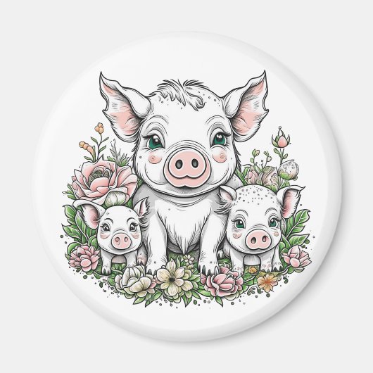 Mama Schweine und Baby Ferkel in Blume Magnet (Vorne)