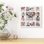 Mama Script Family Memory Foto Grid Collage Quadratische Wanduhr<br><div class="desc">Ein wunderschönes personalisiertes Geschenk für deine Mama, das sie noch jahrelang schätzen wird. Mit einem modernen, dreizehn Foto Gitter-Collage-Layout können 13 eigene Erinnerungen für Fotos Ihrer eigenen Familie angezeigt werden. "Mama" entworfen in einem schönen handgeschriebenen schwarzen Skriptstil. Jedes Foto ist mit einem einfachen goldfarbenen Rahmen gerahmt. Einfache schwarze Herzen und...</div>