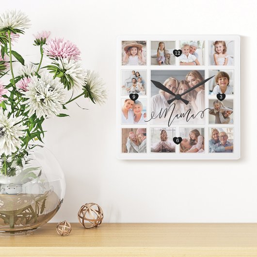 Mama Script Family Memory Foto Grid Collage Quadratische Wanduhr