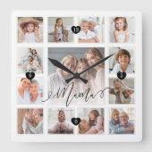 Mama Script Family Memory Foto Grid Collage Quadratische Wanduhr (Vorderseite)