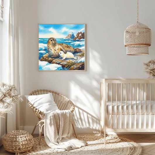 Mama Seal and Pup Nursery Poster