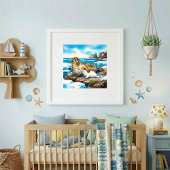 Mama Seal and Pup Nursery Poster