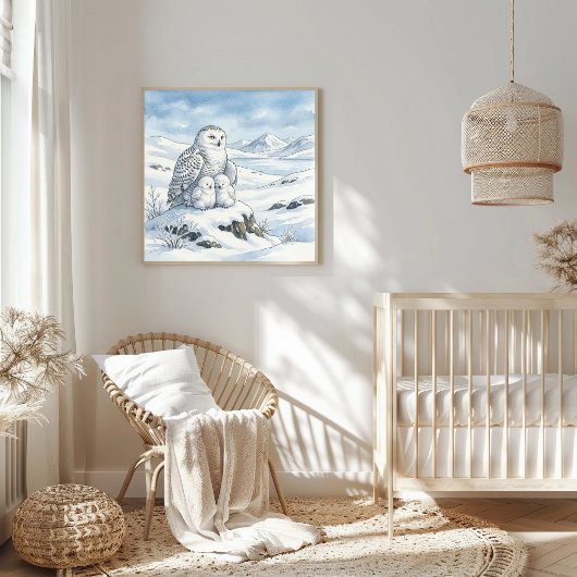 Mama Snowy Owl and Owlets Nursery Poster