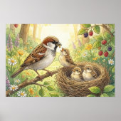 Mama Sparrow und Küken Kinderkrippe Poster (Vorne)