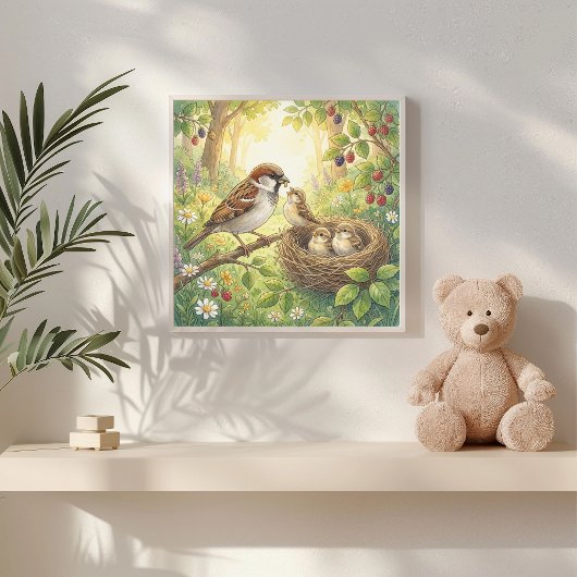 Mama Sparrow und Küken Kinderkrippe Poster