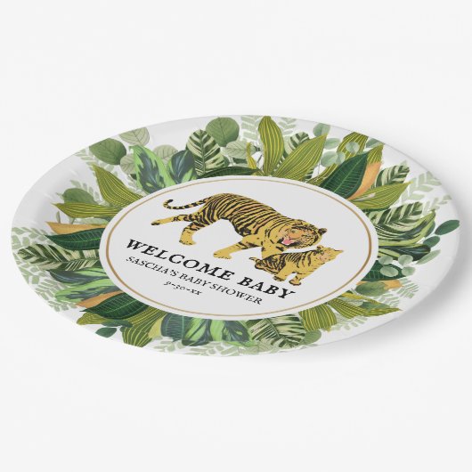 Mama Tiger Botanical Baby Shower Papierplatte Pappteller (Schrägansicht)