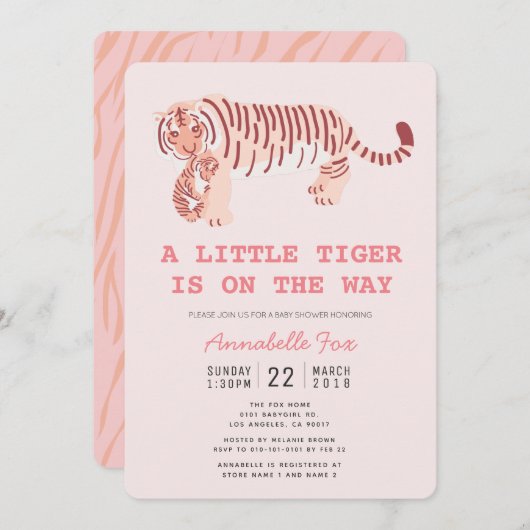 Mama Tiger Carry Cub Pink Kinderdusche Einladung (Vorne/Hinten)