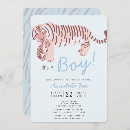 Mama Tiger & Cub Blue Boy Kinderdusche Einladung (Vorne/Hinten)