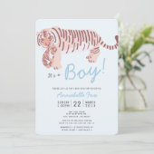 Mama Tiger & Cub Blue Boy Kinderdusche Einladung (Stehend Vorderseite)