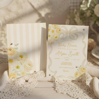 Mama-to-be-Babyparty mit gelben Streifen und flora Einladung
