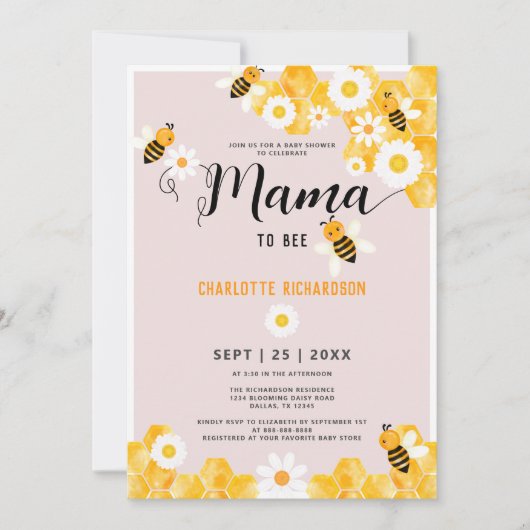 Mama to be Niedlich Daisy Bumble Bee Baby Shower Einladung (Vorderseite)