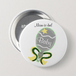 Mama to be Yellow Star Green Bow Baby Rattle Showe Button
