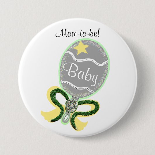 Mama to be Yellow Star Green Bow Baby Rattle Showe Button (Vorderseite)