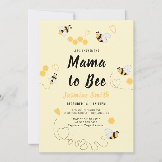 Mama to Bebe Black Yellow Honey Baby Shower Einladung (Vorderseite)