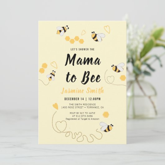 Mama to Bebe Black Yellow Honey Baby Shower Einladung (Stehend Vorderseite)