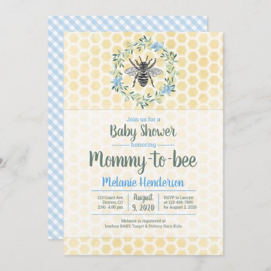 Mama to bee, Honigwabenrübe, Gingham, Baby-Dusche Einladung (Vorne/Hinten)