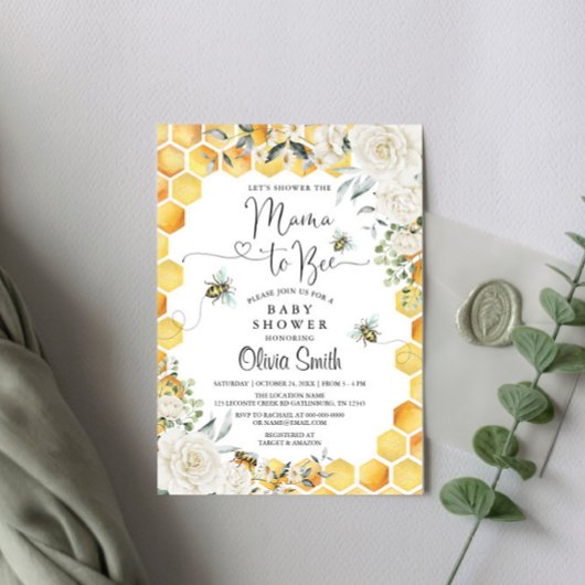 Mama to Bee White Floral Baby Shower Einladung