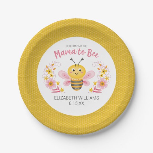 Mama to Bee Yellow Pink Baby Dusche Pappteller (Vorderseite)