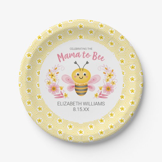 Mama to Bee Yellow Pink Girl Baby Dusche Pappteller (Vorderseite)