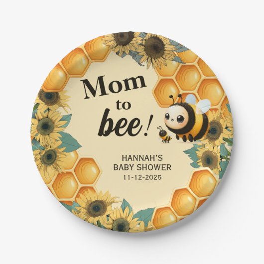 Mama to Bee Yellow Sunflower Baby Shower Pappteller (Vorderseite)