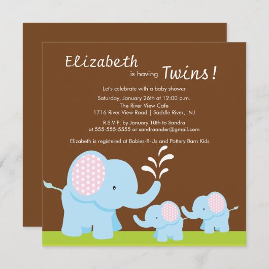 Mama & Twin Elephants Babydusche oder Mädchen Einladung (Vorne/Hinten)