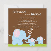 Mama & Twin Elephants Babydusche oder Mädchen Einladung (Vorderseite)