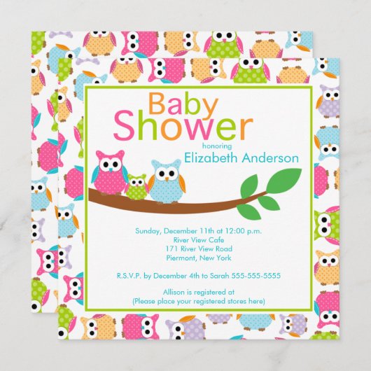 Mama-u. Vater-Eulen mit Baby-Eulen-Baby-Dusche Einladung (Vorne/Hinten)