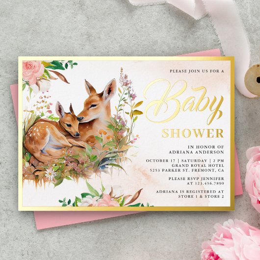 Mama und Baby Deer Floral Baby Shower Gold Folieneinladung