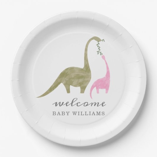 Mama und Baby Dinosaur Pink Baby Dusche Pappteller (Vorderseite)
