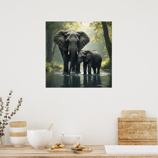 Mama und Baby Elephant im afrikanischen Regenwald Poster (Küche)