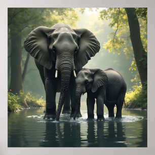 Mama und Baby Elephant im afrikanischen Regenwald Poster