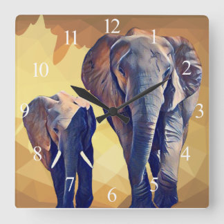 Mama und Baby Elephant im Herbstwurzelkissen Quadratische Wanduhr