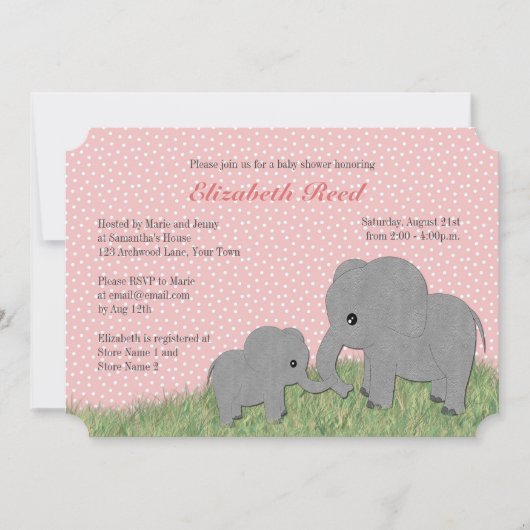 Mama und Baby Elephant Pink Babydusche Einladung (Vorderseite)