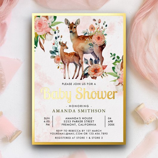 Mama und Baby Floral Deer Baby Shower Gold Folieneinladung